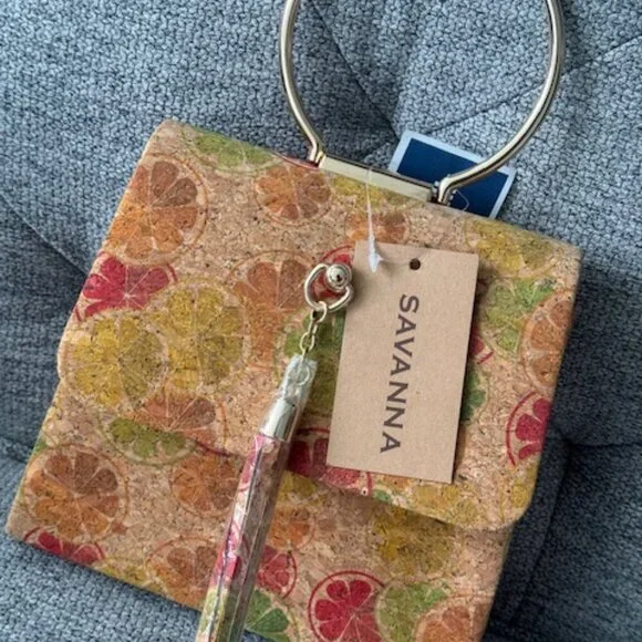 Savanna Fruit Cork Boho / Bohemian Spring Cork Bag / Purse Tan/ Orange and Green - Picture 6 of 6